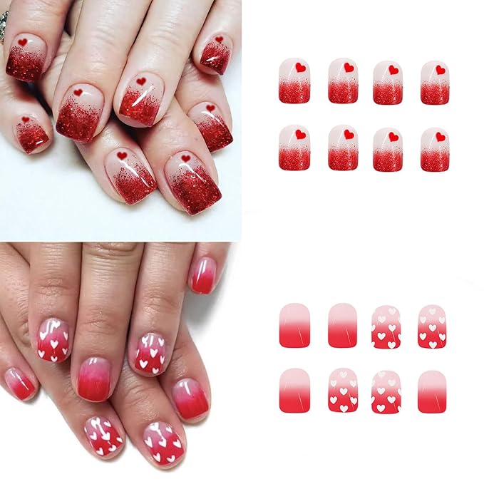 2 Packs 48Pcs Press on Short Square Fake Nails - Valentine's Day Acrylic Red Glitter Ombre Glue on Kid Heart Love False Stick on Decoration for Women Girls