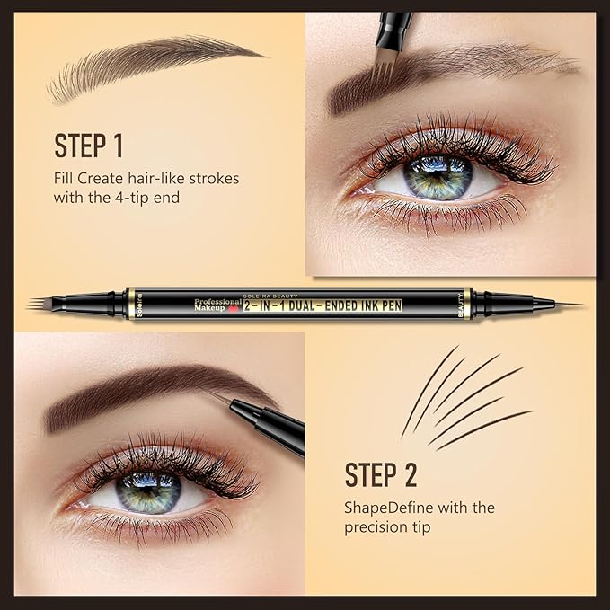 Eyebrow Pen, Soleira Waterproof Eyebrow Pencil with 4 Tip Microblading Eyebrow Pen and Dual-ended Eyebrow Brush, for Natural-Looking Brows, Long-Lasting, Dark Brown