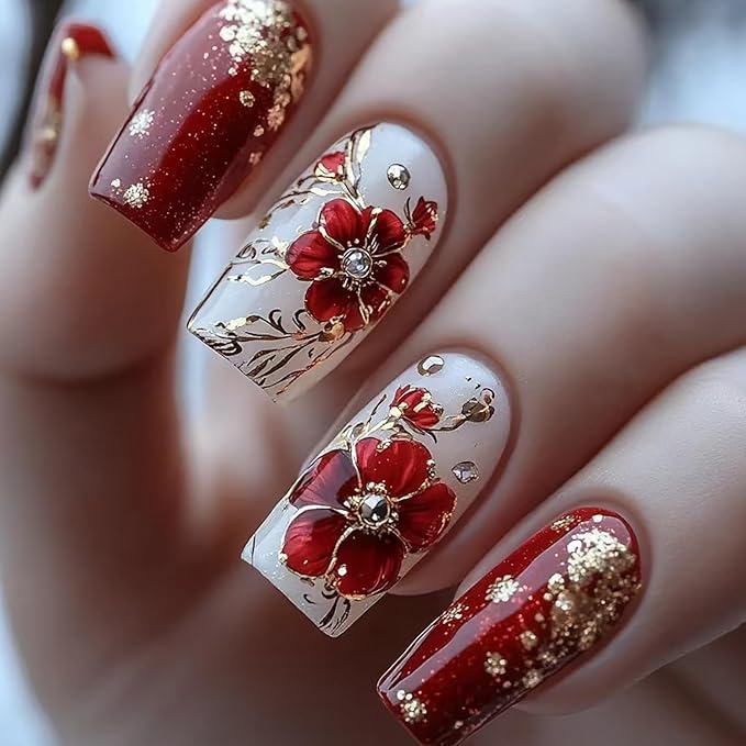 Flower Press on Nails Medium Square Fake Nails Red Floral Rhinestones with Gold Edge Design Coffin False Nails Glitter Stick on Nail Spring Summer Acrylic Glue on Nail for Women Decor Manicure