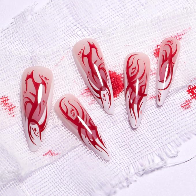 IMRAIN French Tips Press on Nails Long Stiletto Fake Nails Glossy Full Cover Acrylic Red Totem Artificial False Nails Gel Halloween Stick on Nails for Women 24Pcs