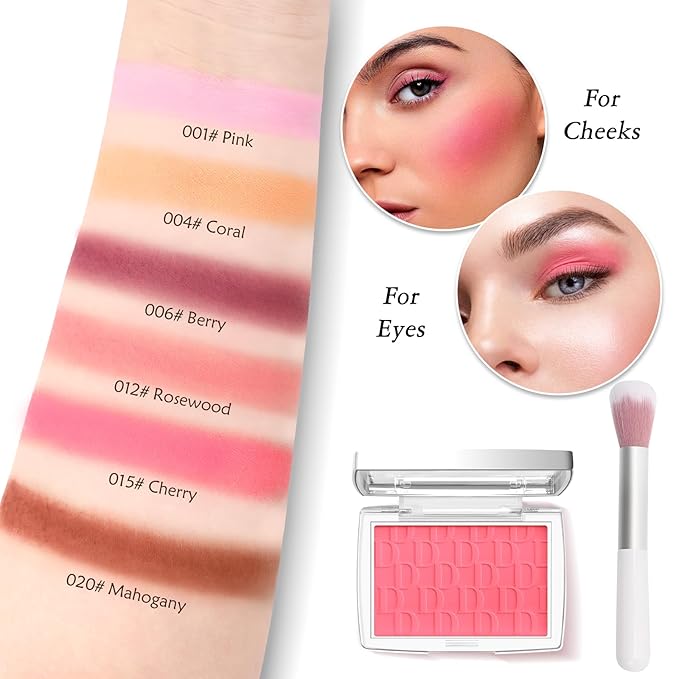 Pink Blush Powder Blush for Cheeks with Brush, Matte Blush Palette Blush Powder Face Blusher, Natural Blendable Formula Silky Lightweight Makeup Blush Rubores de Maquillaje, 001#