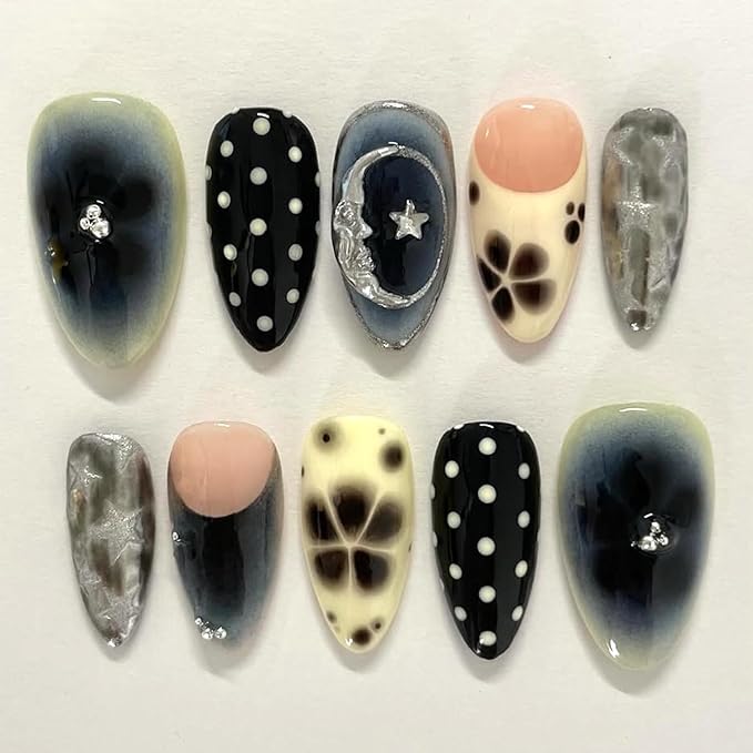 Fall French Tip Press on Nails Medium Almond False Nails with Flower Design Full Cover Glue on Nail Reusable White Polka Dots Acrylic Fake Nails Glossy Artificial Stick on Nail for Women