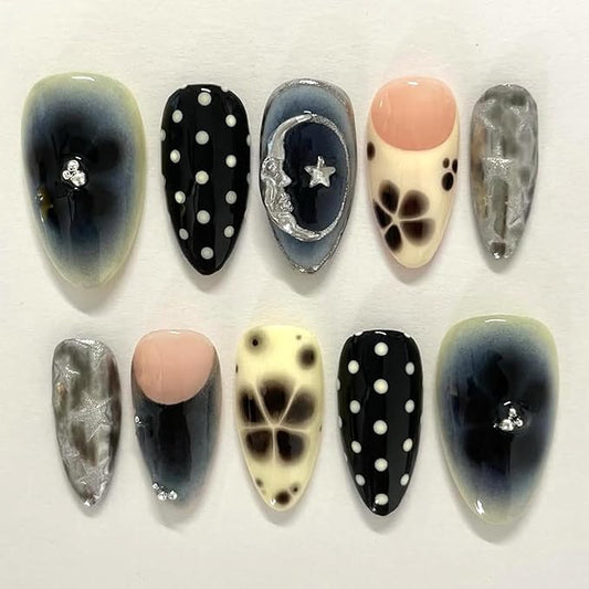 Fall French Tip Press on Nails Medium Almond False Nails with Flower Design Full Cover Glue on Nail Reusable White Polka Dots Acrylic Fake Nails Glossy Artificial Stick on Nail for Women