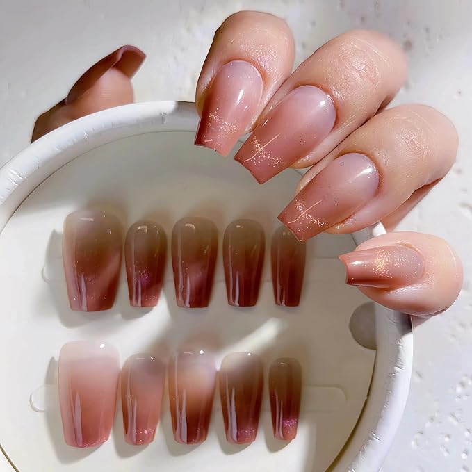 Mauve Pink Press On Nails Coffin Medium – 24pcs Cat Eye French Fake Nails with Nail Glue, Adhesive Tabs & Tools – Soft Fit Back, Durable Tip, Reusable Glossy Stick On Nails for Women