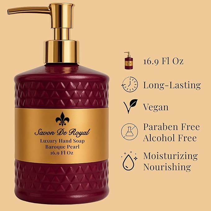 Luxury Liquid Hand Soap, Jasmine - Vanilla - Sandalwood Scent, Moisturizing Vegan Bathroom Soap for Hand Wash, Gentle & Nourishing Formula, Refillable Bottle 16.9 Fl Oz, Baroque Pearl