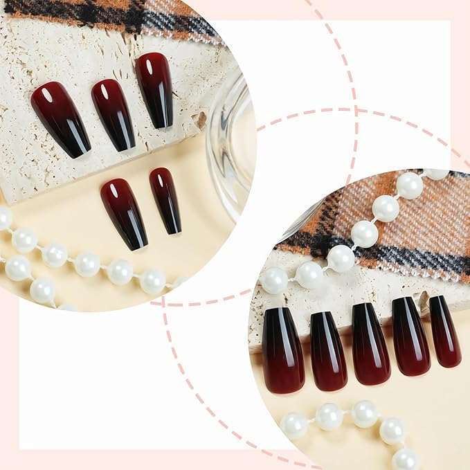 BABALAL Press on False Nails Long Coffin Fake Nails Black Red Gothic Acrylic Stick on Nails 24Pcs Halloween Glossy Full Cover for Women Girls