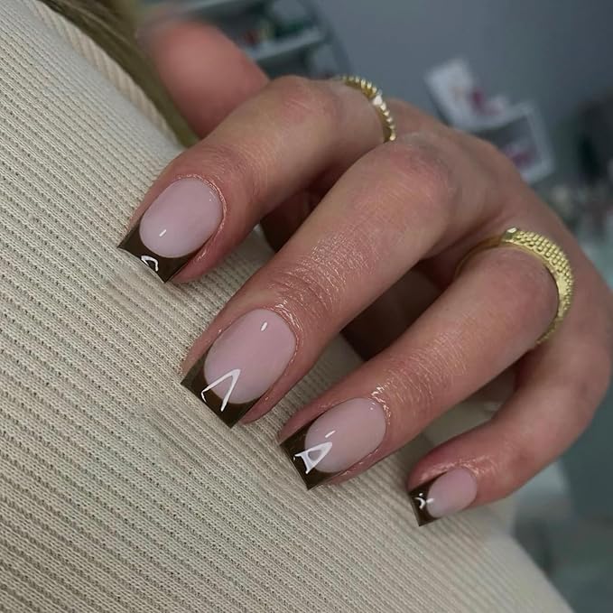 30Pcs Brown French Tip Press on Nails Short Square Nails Press ons, Short Fake Nails Coffin Acrylic French Glue on Nail False for Women, Natural15 Sizes
