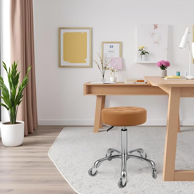 Kaleurrier Adjustable Rolling Stool for Salon: Heavy Duty Swivel Chair with Wheels for Hairdresser Esthetician Lash Tech - Spa Home Office Kitchen Dental Tattoo Shop Use - Seat Height 22”-30” - Camel