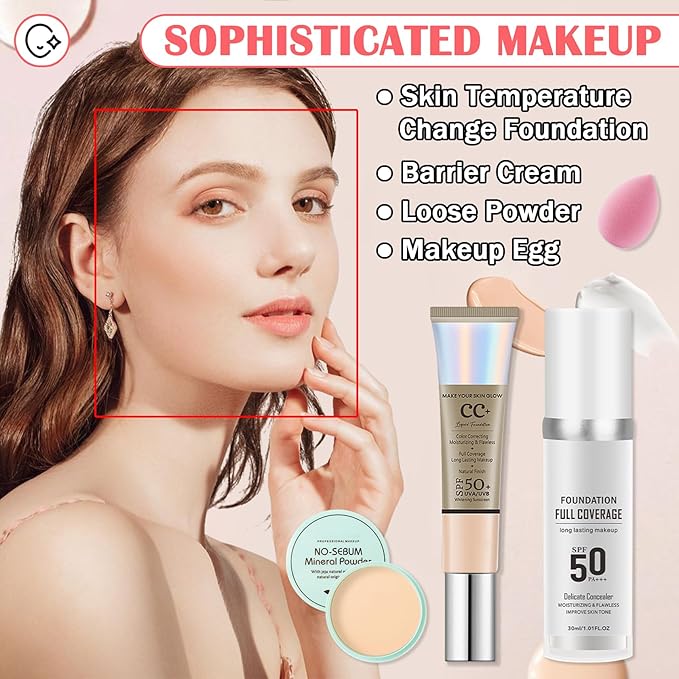 Color Changing Liquid Foundation & CC Cream Makeup Set,Moisturizing BB Cream & Loose Setting Face Powder with Makeup Sponge