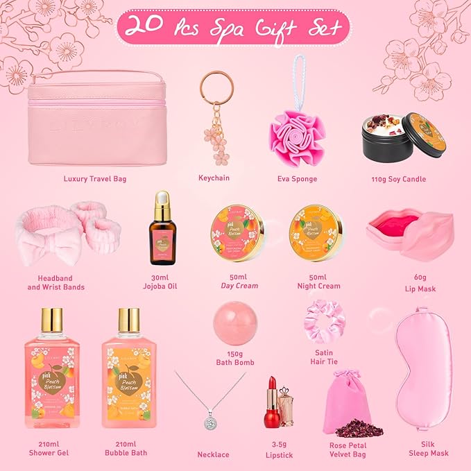 Mothers Day Gifts for Mom -20-Piece Luxury Bath & Body Gift Bath Gift Set for Women, Self Care Kit with Necklace, Diffuser & More | Perfect for Christmas, Birthday, Anniversary, Holiday Gift for Her