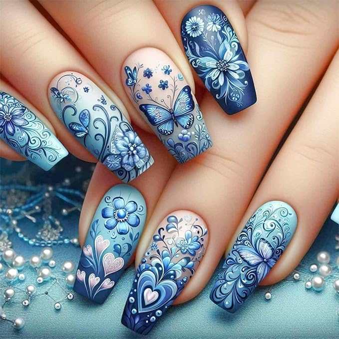 Coffin Shape Press on Nails Long Fake Nails Blue False Nails with Butterfly and Flower Design for Women and Girls 24pcs