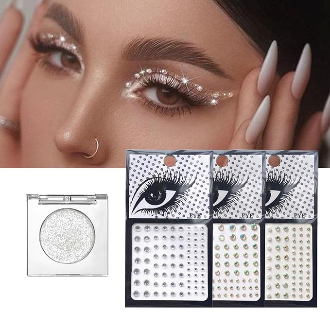 Silver Glitter Eyeshadow & 3Pcs Face Gems Stick on Set, Shimmer Cream Eye Shadow & Hair Jewels Face Rhinestones, Single Eyeshadow Palette & Body Gems Diamonds for Eye Makeup