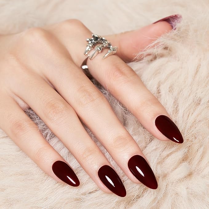 Wine Red Press On Nails, Medium Length Almond False Nails Glossy Fake Nails 24Pcs Stick On Nails Kit Solid Color Almond Full Cover Artificial Glue On Nails for Women and Girls