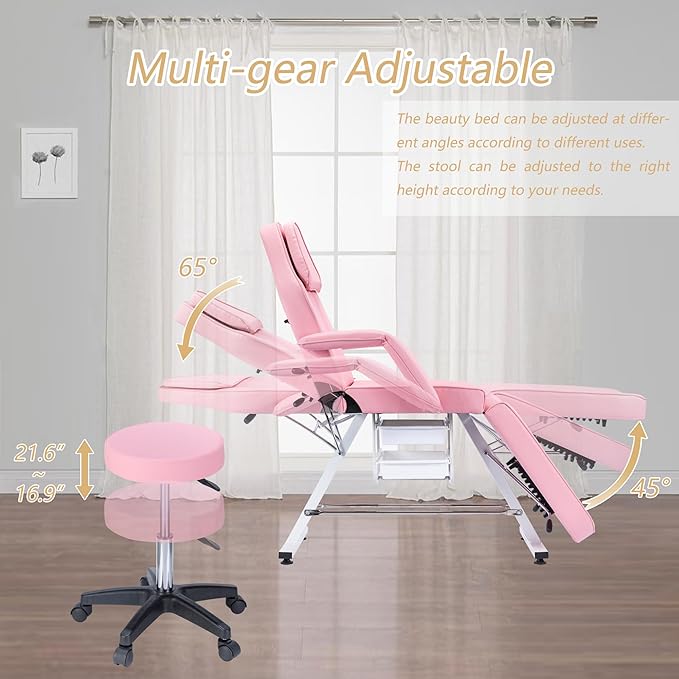 Tattoo Chair Facial Bed with Two Trays Esthetician Bed Adjustable Folding Salon Bed with Hydraulic Stool Massage Bed for Professional Massage Facial Lash Beauty Treatment Spa,Pink