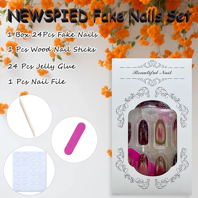 Red Lips Cherry Press on Nails Medium Almond Shaped False Nails with Golden Beads Designs NEWSPIED Valentines French Tip Fake Nails Red Glossy Acrylic Glue on Nails for Women Girls Manicure Tips 30Pcs