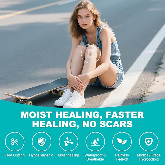 Hydrocolloid Roll for Wound Care, Hydrocolloid Bandages with Self-Adhesive, Cut-to-Size Patch Bandages, Ultra Absorbent, Waterproof, First Aid Kit Essential (2IN*4.8FT)