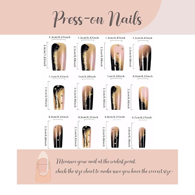 BABALAL Press on Nails Long Square Fake Nails Black Gold Glue ons Glitter Shine Acrylic Nails Metallic Ball Charm Design Squoval Nail Supplies 24Pcs Manicure DIY Stcik on False Nail Art