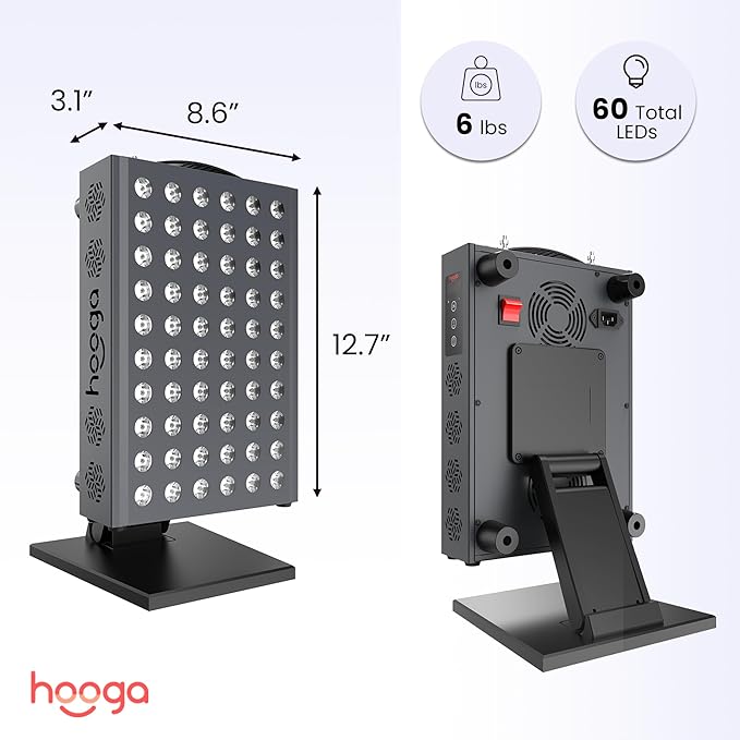 Hooga Red Light Therapy for Face and Body, Red Near Infrared Light with Timer and Stand. 60 Dual Chip LEDs. Flicker Free Clinical Grade Panel for Energy, Pain, Skin, Recovery, Performance. PRO300