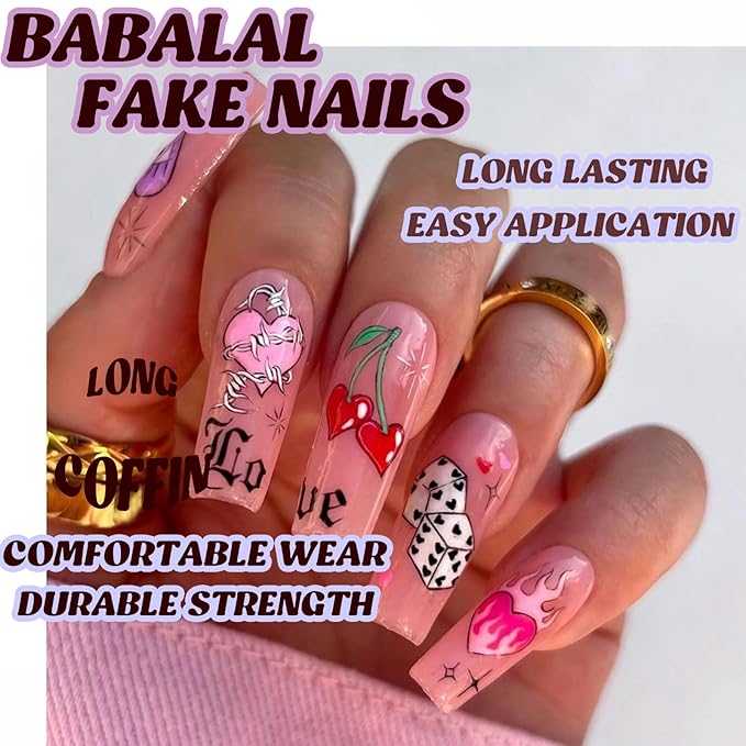 BABALAL Press on Nails Long Coffin Fake Nails Pink Heart Glue on Nails Valentine Day Dice Arcylic Nails 24Pcs Manicure False Nails Ballerina Stick on Nails Glossy Artificial Nails