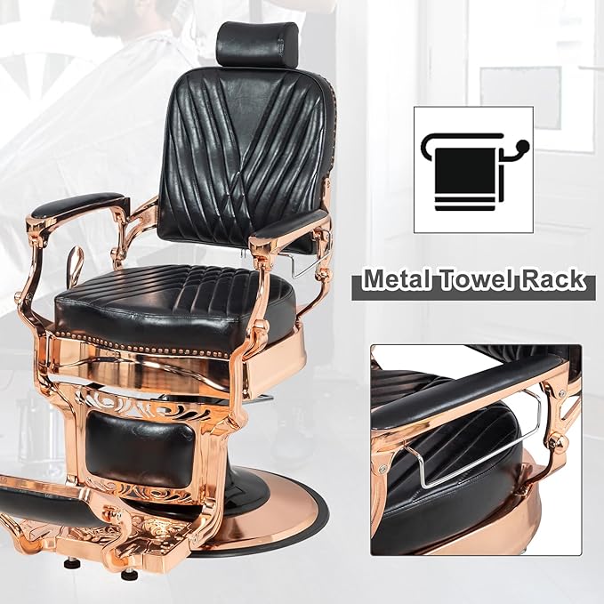 Winado Heavy Duty Vintage Recline Barber Chair Hydraulic with Headrest, Supports up to 700lbs & 360° Rotatable, Professional Salon Beauty Spa Shampoo Equipment (Rose Gold - Square Twill Backrest)