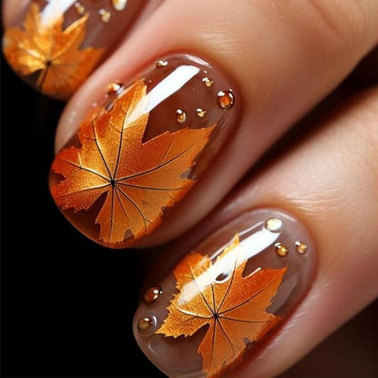 Maple Leaf Press on Nails 24Pcs Fall Leaves Stick on Fingernails Thanksgiving Short Square False Nails Glossy Gold Maples Acrylic Fake Nail Autumn Rhinestones Gel Glue on Nail for Coquette Women