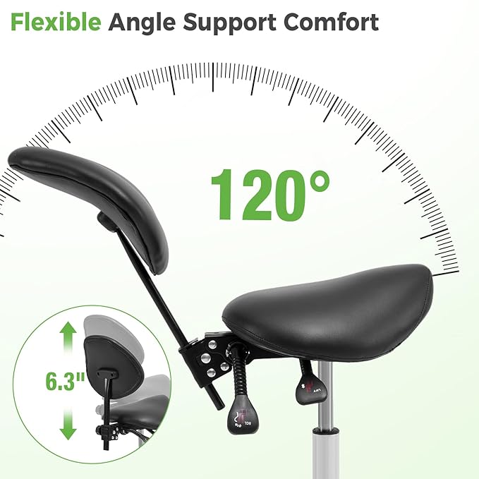 Tatub Saddle Stool, Rolling Stool with Back Support, Ergonomic Saddle Chair, Adjustable Stool with Wheels for Salon, Tattoo, Spa, Dentist, Massage, Office