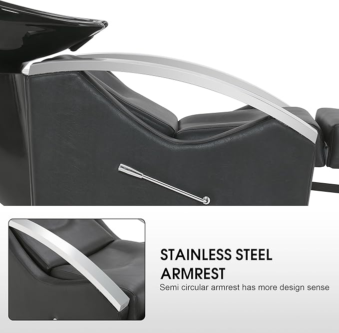 BarberPub Backwash Shampoo Station Chair Unit with Leg Rest, Adjustable Ceramic Shampoo Bowl Sink and Chair Set for Home Salon, Barbershop 9077 (Black)