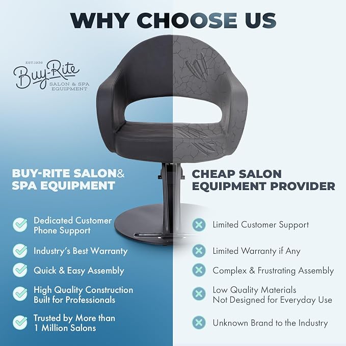 Buy-Rite Cleo Professional Salon Styling Chair & Barber Chair – All Black Vinyl w/Black Stitching, Easy-Clean Crevice-Free Seat, Flat Round Base, Heavy-Duty Build – YLG-376