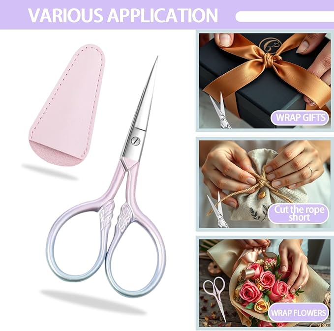 2 Pcs Eyebrow Scissors for Women Men, 3.5 Inch Professional Beauty Mini Scissors, Suitable for Facial Hair, Eyebrows, Beards, Ears, Nose and Beards, Stainless, Steel Straight Head(Pink and Silver)