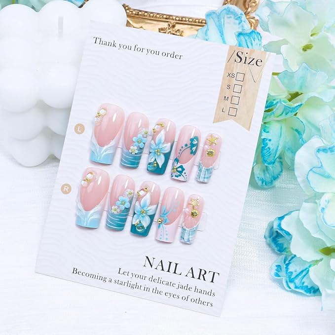 24Pcs French Tip Press on Nails Medium Square Fake Nails 3D Flower Starfish Rhinestones Gems Design Spring Summer Cute False Nails Blue Cyan Hibiscus Flower Acrylic Nails for Women French Manicure