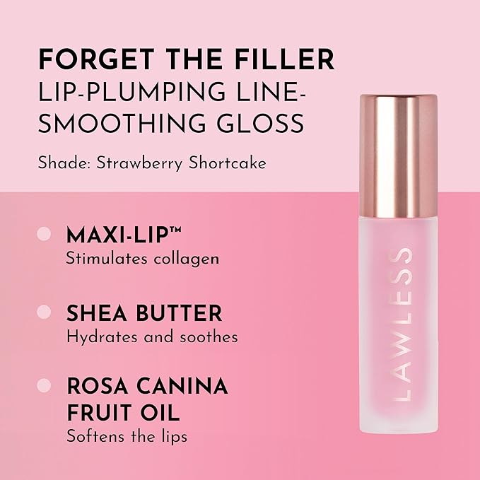 Lawless Forget the Filler Lip Plumping Line Smoothing Gloss - Strawberry Shortcake - Premium Volumizing Lip Gloss with Natural Ingredients Designed to Plump, Firm, and Hydrate Lips 0.11 oz
