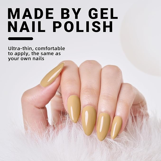 Wooyas Press on Nails Almond,Tan Color Handmade Gel Fake Nails Medium Glossy,Fall Reusable Lightweight Natural Fake Nail in 12 Sizes - 24 Pcs Soft Gel Glue On Nails Kit