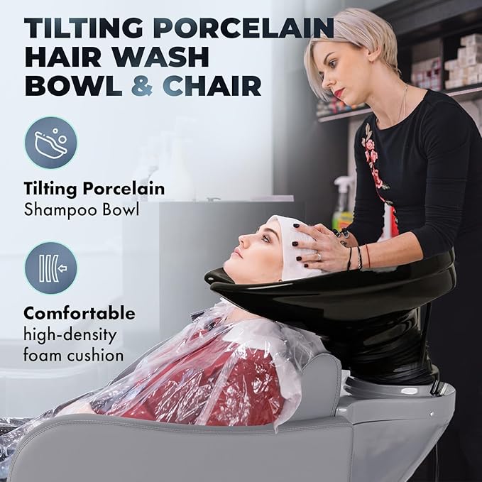 Buy-Rite Lexus Backwash Unit with Tilting Black Porcelain Shampoo Bowl, Extra Wide Foam Padded Seat, Kick-Out Leg Rest & European Style Single Handle Faucet - Gray Salon Shampoo Chair, TS-8018B