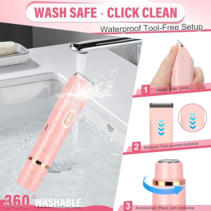 Women's Bikini Trimmer, 2-in-1 Electric Shaver for Bikini Line, Legs, Underarms, Face - Waterproof Women's Electric Shaver for Sensitive Skin, USB Rechargeable (Purple) (Pink)