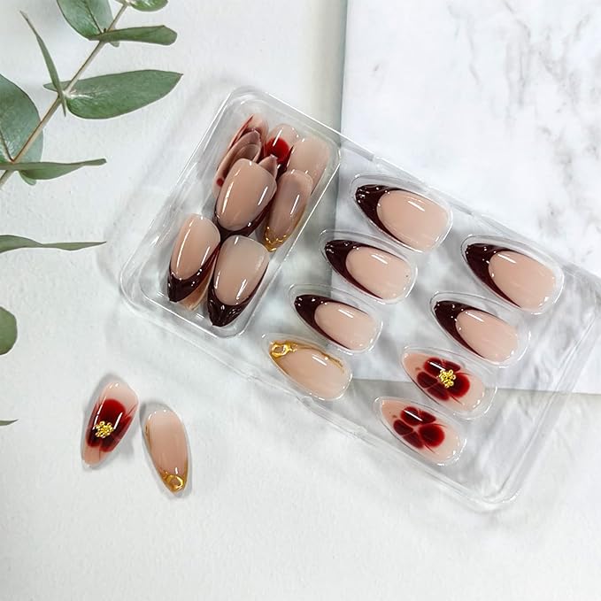 3D Dark Red French Tip Press on Nails Flower Medium Almond False Nails Glossy Gold Curve line Acrylic Fake Nail Tortoise Pattern Stick on Fingernails Petal Gel Glue on Nail for Women 24Pcs