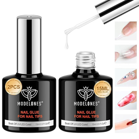 modelones 10 in One Gel Nail Glue Brush On Nail Glue 15 ml for Tips, Rhinestones, Base Coat, Blooming Art Gel Kit for Press on Nails Acrylic tips U V Lamp Needed 2Pcs