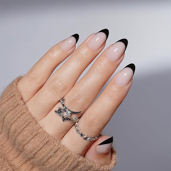 French Tip Press on Nails, Short Press on Nails Almond Reusable Glossy Soft Gel False Nails Black Press ons for Women, 16 Sizes 32 Count Nails Kit with Glue (SV-02)