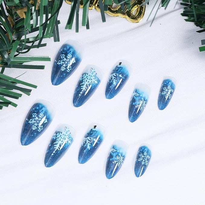 Snowflake Press on Nails Medium Almond Fake Nails Gradient Blue Full Cover Winter False Nails Christmas Glue on Nails White Snow Artificial Acrylic Nail for Women DIY Christmas Nails Decoration 24Pcs