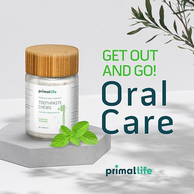 Primal Life Organics Premium Dirty Mouth Toothpaste Chews – Nano-Hydroxyapatite Whitening Toothpaste Tablets for Adults - Gluten Free, Vegan, Paleo - 60 Tablets in Jar - Sparkling Spearmint
