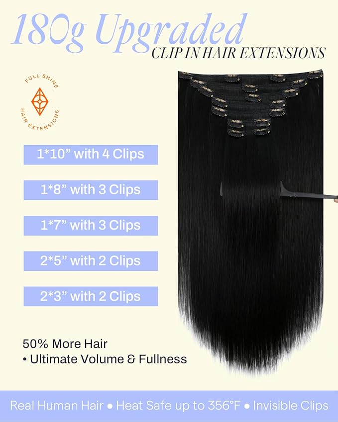 Full Shine Black Hair Extensions Clip ins 26 Inch 180 G Jet Black Clip in Hair Extensions Real Human Hair for Black Women for Length and Volume 7 Pcs