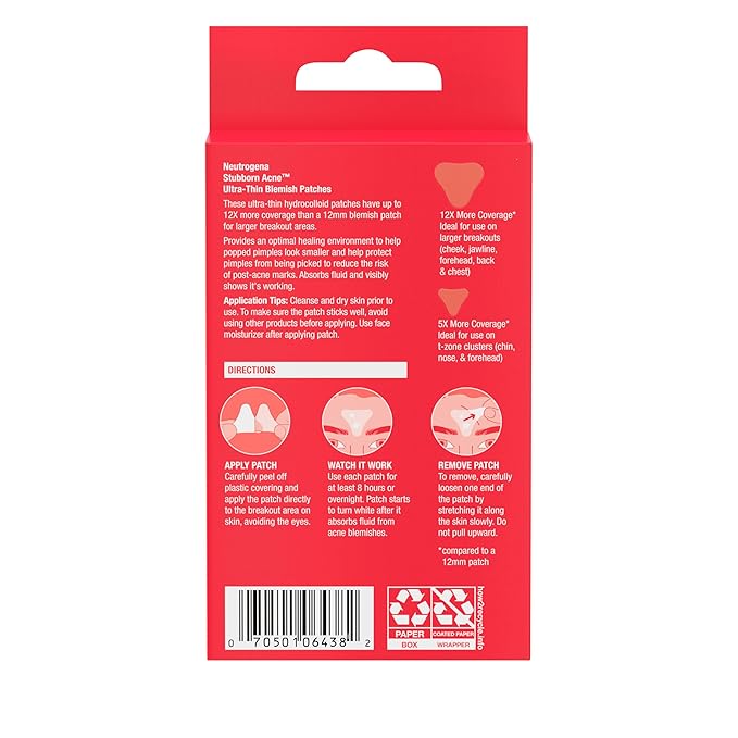 Neutrogena Stubborn Acne Ultra-Thin Blemish Patches, Acne Pimple Patches, Ultra-Thin Hydrocolloid Facial Stickers, Suitable for all Skin-Types, 10 Patches