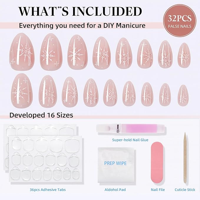 Pink Press on Nails, Short Press on Nails Almond Reusable Glossy Snowflake Nails Soft Gel False Nails Press ons for Women, 16 Sizes 32 Count Nails Kit with Glue (SV-15)