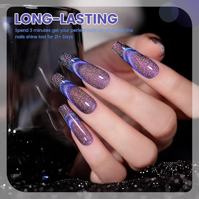 RARJSM 9D Chameleon Glass Cat Eye Gel Nail Polish Set 6Pcs Pink Purple Blue Green Yellow Multi Color Cateye Galaxy Shimmer Gradient Effect with Magnetic Stick UV LED Curing Require Home Salon