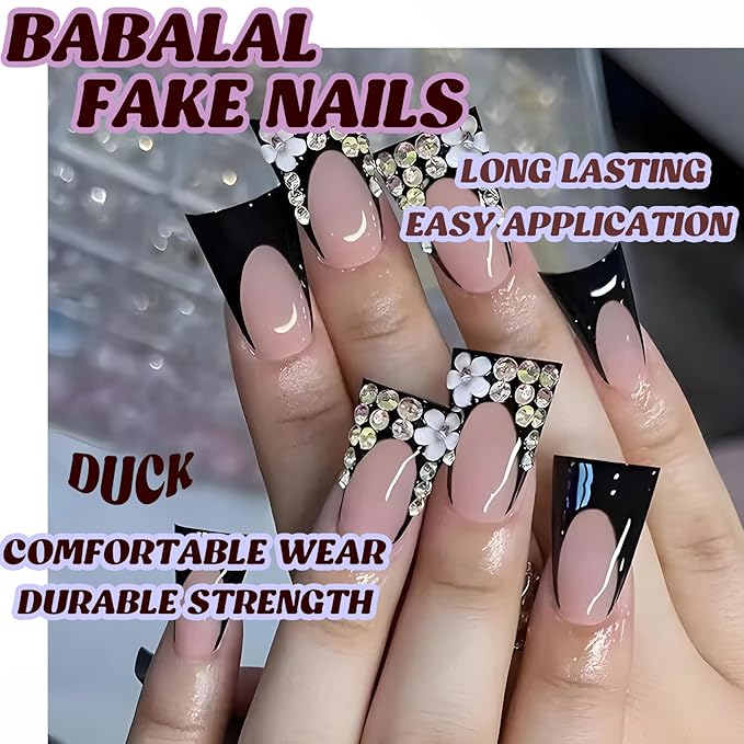BABALAL Duck Nails Press on Black French Tip Fake Nails with Flower Charm Acrylic Nails Rhinestone Bling Shiny False Nails Full Cover Duck Bill Stick on Nails Supplies Diy Nails for Women Girls
