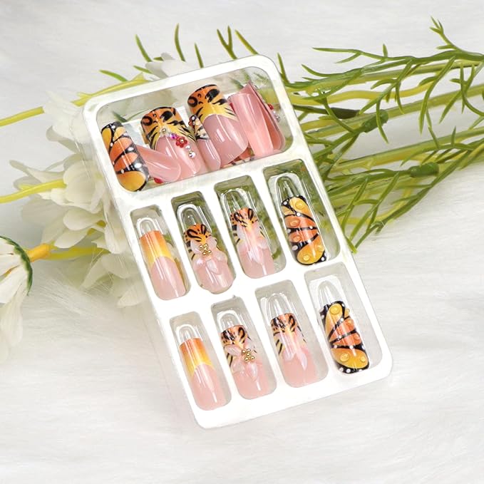 Fall Press on Nails Medium Length Square Fake Nails Orange Yellow Nails Press ons with 3D Flower Butterfly Designs French Tip Acrylic Nails for Women 24Pcs