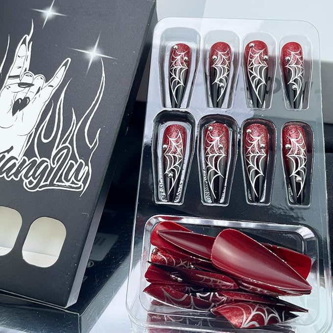24Pcs Halloween Press on Nails Medium Almond Pointed Goth Fake Nails with Spider Web Rhinestones Design Halloween False Nails Black Red Gradient Acrylic Glue on Nails Reusable Nails Kit for Women DIY