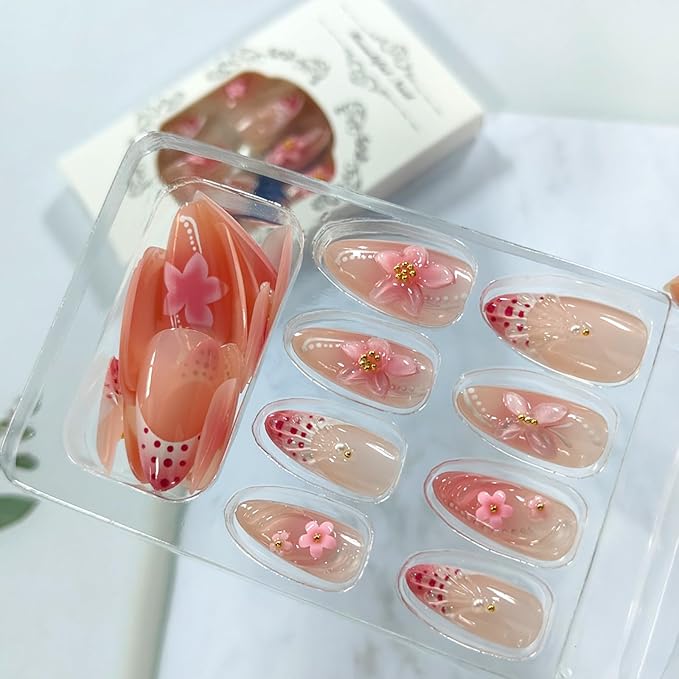 24Pcs Pink Press on Nails Almond Medium Fake Nails with 3D Flower Butterfly Design French Tip False Nails Glossy Glue on Nails Full Cover Summer Stick on Nail for Women Manicure Decor