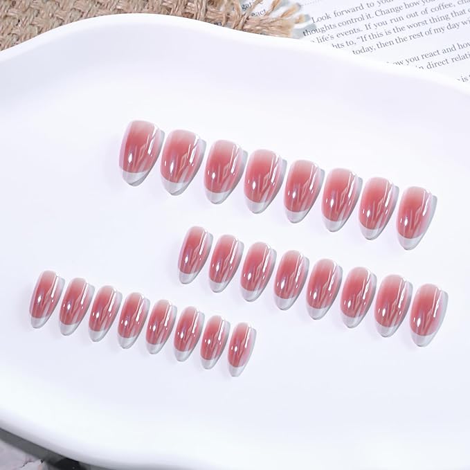 Press On Nails Short Oval, French Tip Chrome Acrylic Press On Nails Short Oval, Designer Reusable Glazed Fake Nails, Glossy Soft Gel Nails Wedding, Stick Glue On Nail Press Ons for Women
