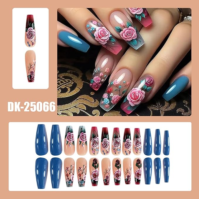Rose Flower Press on Nails Long Length Blue Pink Gradient Acrylic False Nail Full Cover Glossy Ballet Shaped Artificial Stick on Nail 24Pcs Blossom Artificial Fingernails DIY Glue on Nails for Women