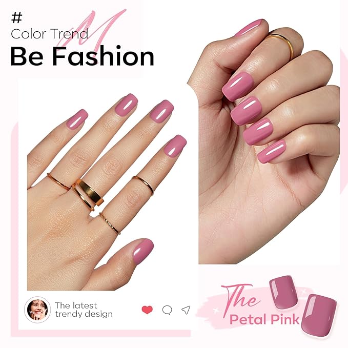 Modelones Petal Pink Press on Nails, Christmas Short Square Fake Nails, Reusable Nail Kit with Nail Glue Adhesive Tabs Mini Nail File, Nails Press Ons 32Pcs 16 Sizes, Women Girl Gift